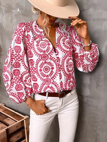 SHEIN VCAY Allover Print Notched Neck Bishop Sleeve Blouse - Red - View 4