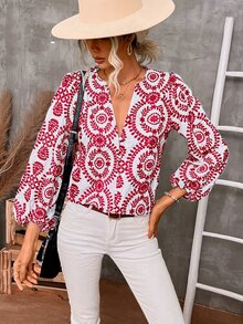 SHEIN VCAY Allover Print Notched Neck Bishop Sleeve Blouse - Red - View 5