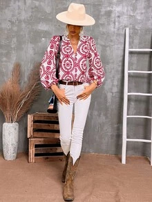 SHEIN VCAY Allover Print Notched Neck Bishop Sleeve Blouse - Red - View 6