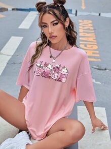 SHEIN Qutie Camiseta de hombros caídos con estampado de dibujos animados - Rosa Pálido - Ver 1