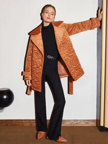 MOTF PREMIUM JACQUARD BELTED WINTER COAT - Brown - View 3