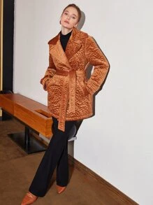 MOTF PREMIUM JACQUARD BELTED WINTER COAT - Brown - View 8