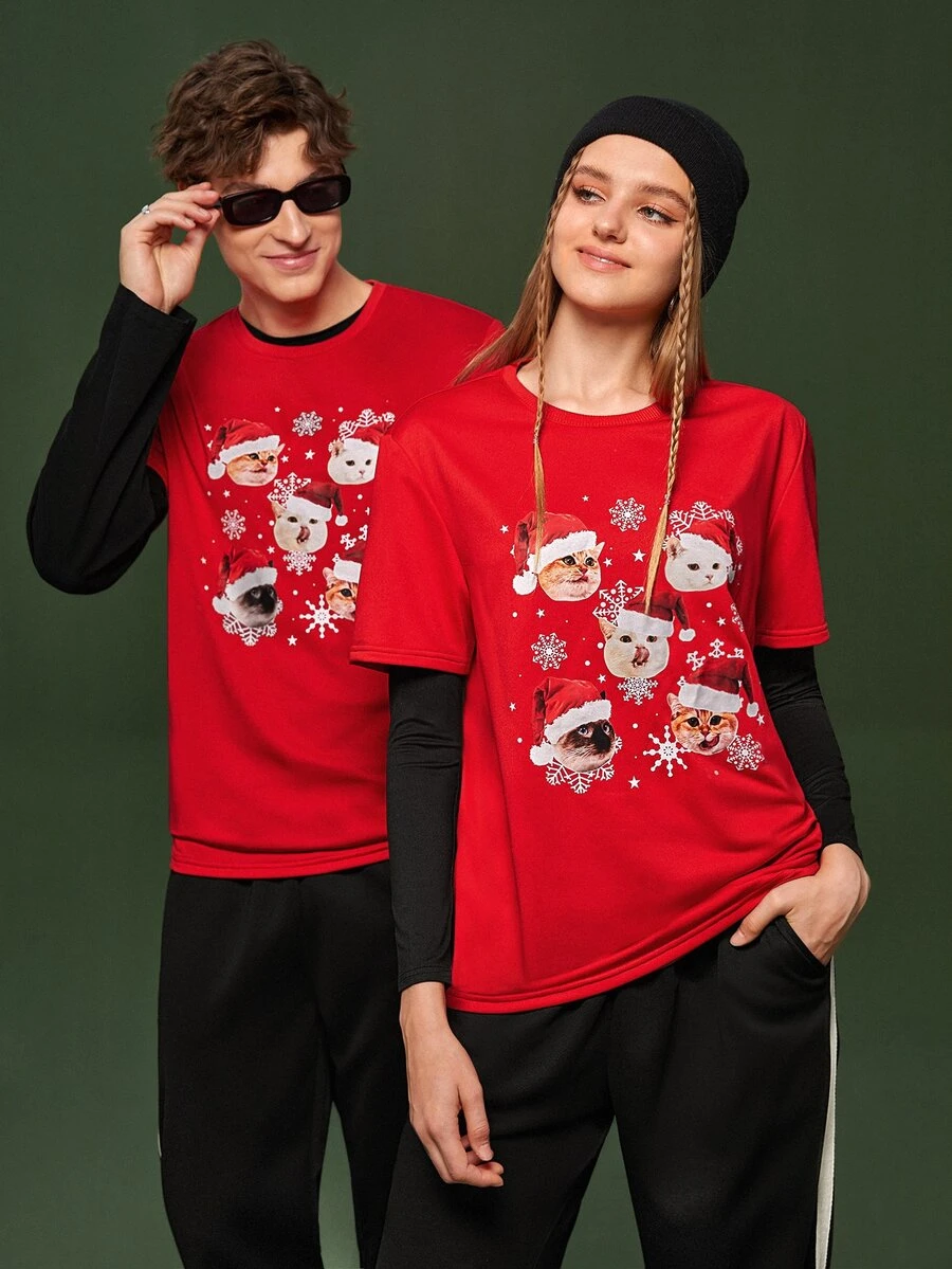 Manfinity 1pc Christmas Print Tee Without Black Tee - Red - View 1