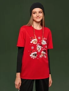 Manfinity 1pc Christmas Print Tee Without Black Tee - Red - View 3