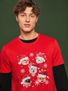 Manfinity 1pc Christmas Print Tee Without Black Tee - Red - View 4