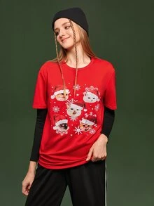 Manfinity 1pc Christmas Print Tee Without Black Tee - Red - View 6