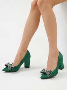Green Rhinestone Bow Pointed Toe High Heel Pumps For Women, Party Evening Dress Shoes, Fashionable Versatile Elegant Chunky Heel - Green - View 2