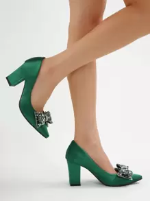 Green Rhinestone Bow Pointed Toe High Heel Pumps For Women, Party Evening Dress Shoes, Fashionable Versatile Elegant Chunky Heel - Green - View 4