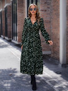 SHEIN Clasi Allover Print Flounce Sleeve Ruffle Hem Dress Without Belt - Army Green - View 3