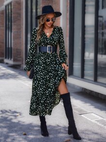 SHEIN Clasi Allover Print Flounce Sleeve Ruffle Hem Dress Without Belt - Army Green - View 5