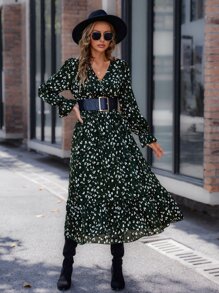 SHEIN Clasi Allover Print Flounce Sleeve Ruffle Hem Dress Without Belt - Army Green - View 6