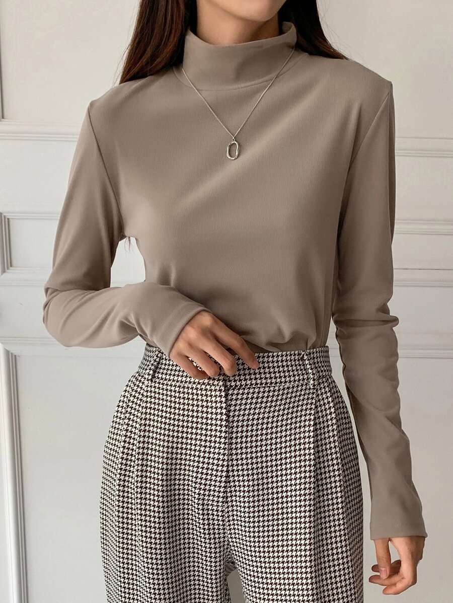 Dazy Mock Neck Ribbed Knit Tee Fall Clothes Long Sleeve Women Tops