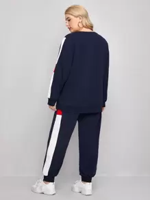 Mulvari Plus Contrast Sideseam Pullover & Joggers Set - Navy Blue - View 2