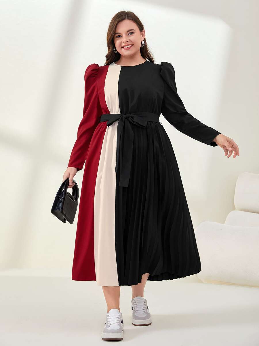 Mulvari Vestido con cinturón de color combinado de manga farol - Multicolor - Ver 1