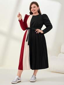 Mulvari Vestido con cinturón de color combinado de manga farol - Multicolor - Ver 3