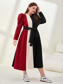 Mulvari Vestido con cinturón de color combinado de manga farol - Multicolor - Ver 4