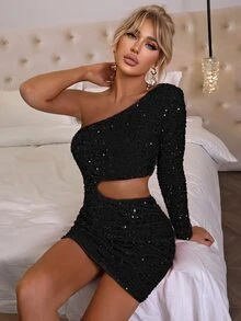 Joyfunear One Shoulder Cut Out Sequins Bodycon Dress - Black - View 6