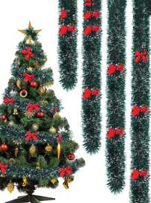 1pc 2 Meters Christmas Colorful Ribbon With Artificial Flowers, Eucalyptus And 12 Red Bows Combination Home Decor Christmas Decorations Room Decor