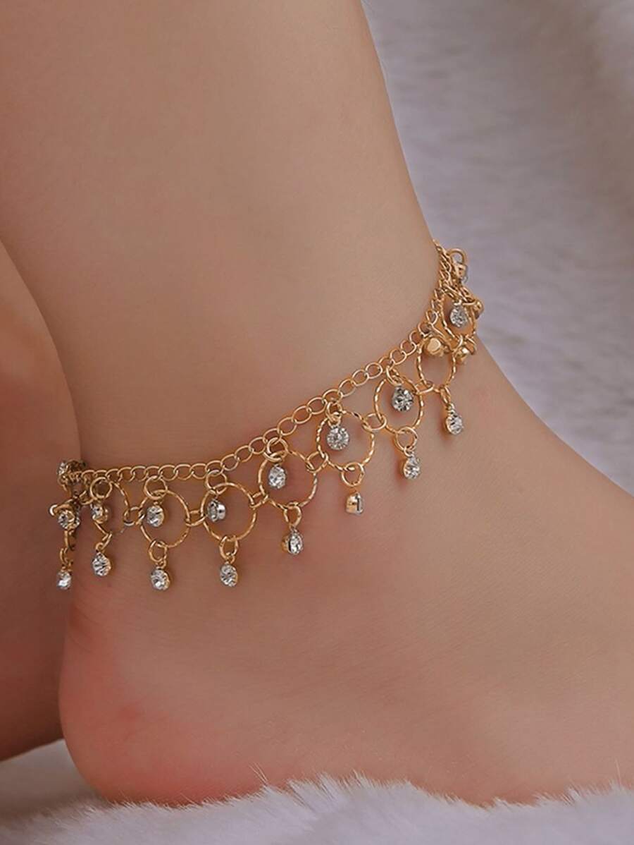 SHEIN Belle Pulsera tobillera con diamante de imitación con diseño de fleco - Amarillo Oro - Ver 1