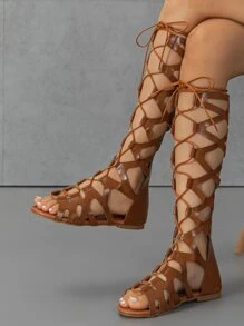 女士平底凉鞋，时尚角斗士风格，系带和后拉链，舒适休闲聚会 - 棕色 - 查看 1