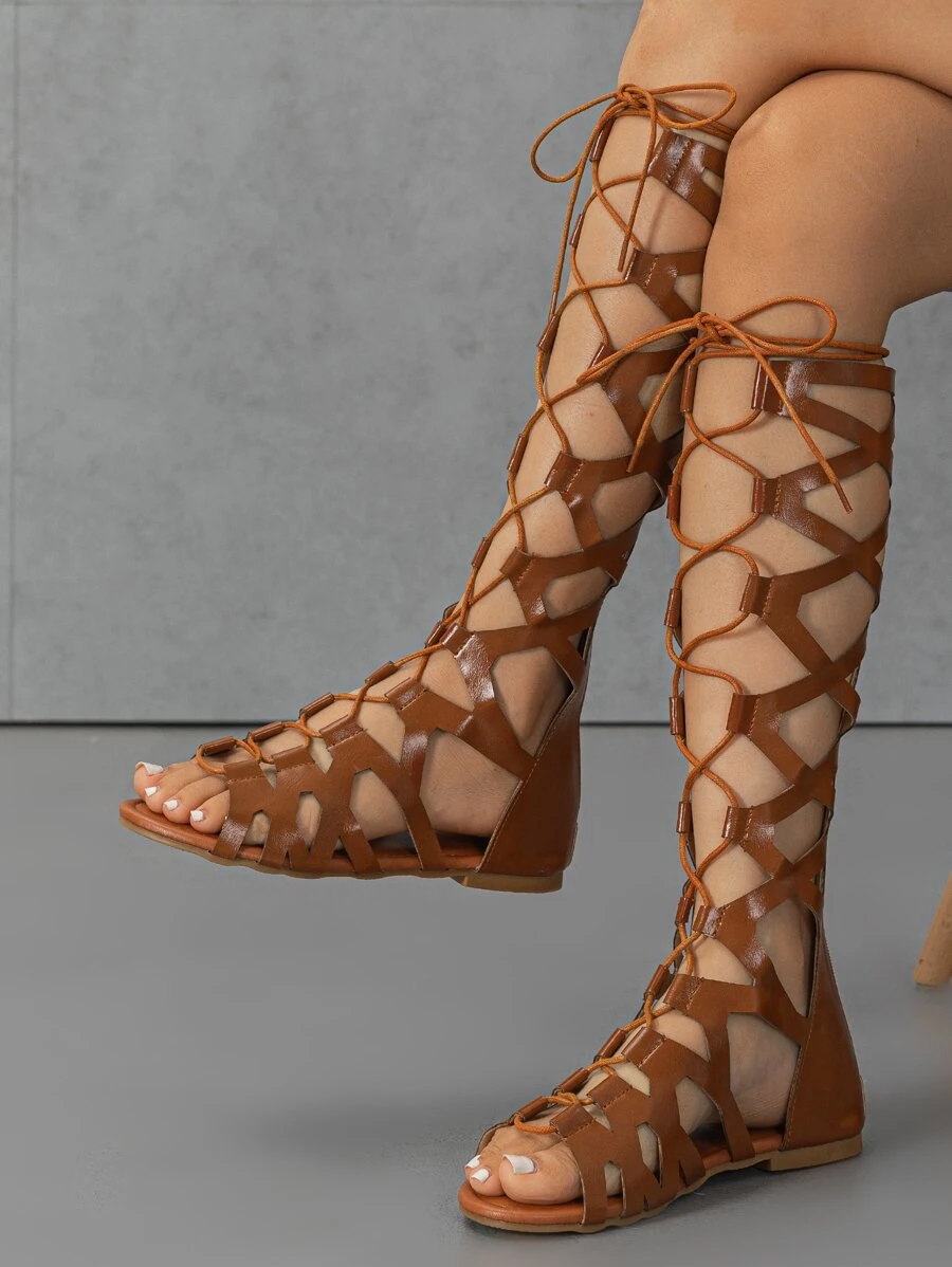 女士平底凉鞋，时尚角斗士风格，系带和后拉链，舒适休闲聚会 - 棕色 - 查看 1