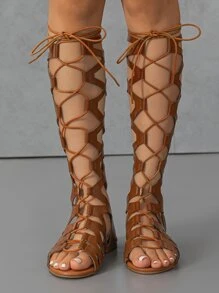 女士平底凉鞋，时尚角斗士风格，系带和后拉链，舒适休闲聚会 - 棕色 - 查看 3