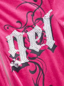 SHEIN ICON Sequin Letter Pattern Fuzzy Trim Hooded Velvet Jacket In Fall/Winter - Hot Pink - View 4