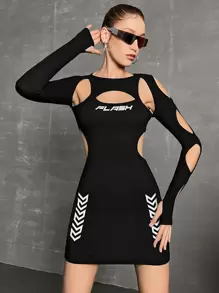 SHEIN ICON Bikercore Letter Graphic Cut Out Bodycon Dress - Black - View 5