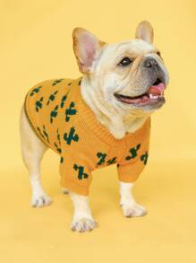 1pc Pet Clothes - Soft & Comfortable Yellow & Cactus Patterned Sweater For Dogs And Cats, Autumn/winter - Ginger - View 4