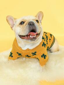 1pc Pet Clothes - Soft & Comfortable Yellow & Cactus Patterned Sweater For Dogs And Cats, Autumn/winter - Ginger - View 5
