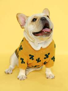 1pc Pet Clothes - Soft & Comfortable Yellow & Cactus Patterned Sweater For Dogs And Cats, Autumn/winter - Ginger - View 6