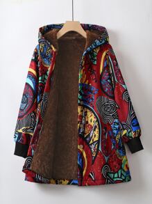 Mulvari Plus Geo Print Teddy Lined Hooded Coat Fall Winter Cloth For Women Autumn - Multicolor - View 1