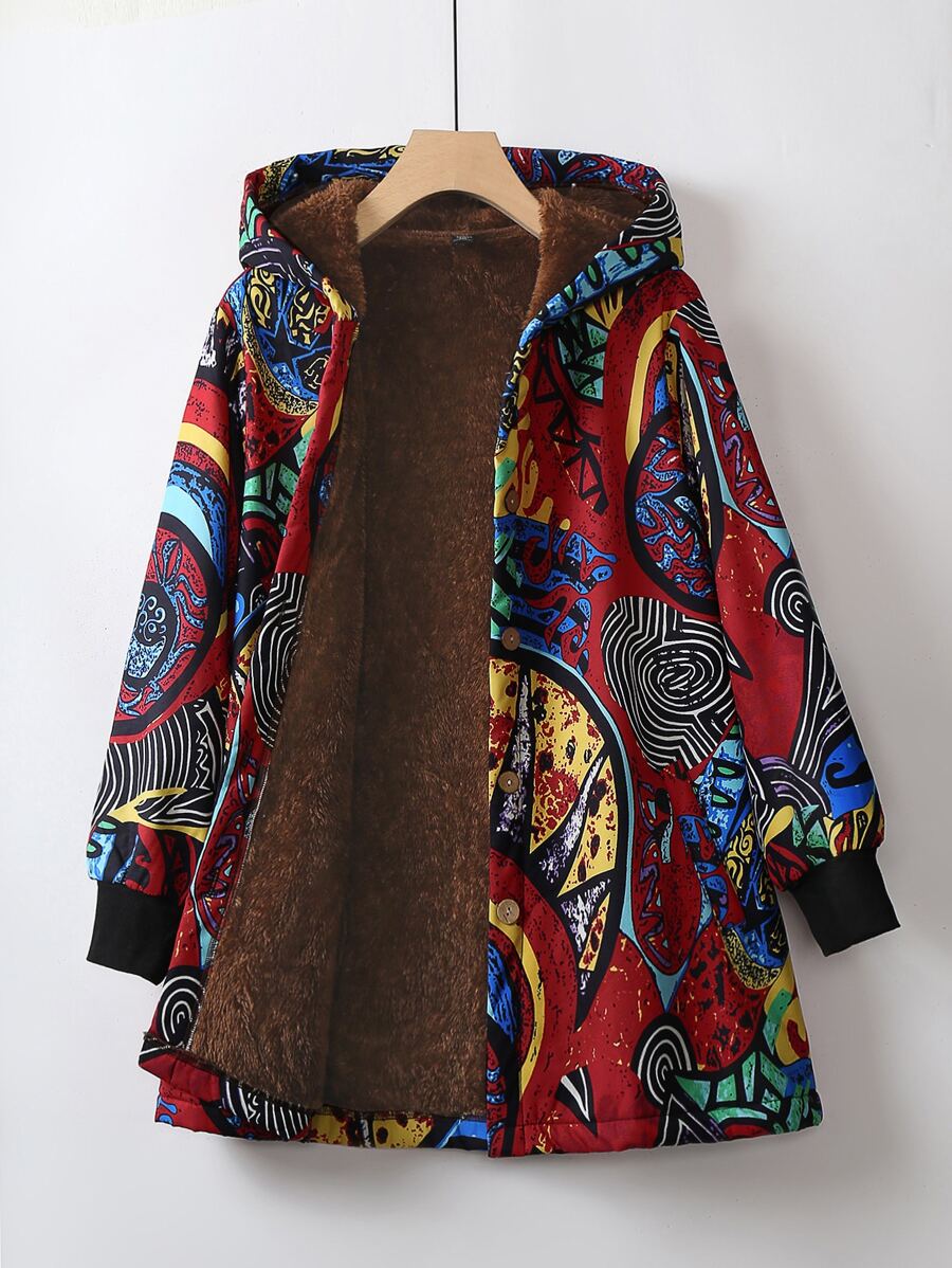 Mulvari Plus Geo Print Teddy Lined Hooded Coat Fall Winter Cloth For Women Autumn - Multicolor - View 1