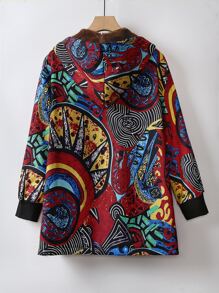 Mulvari Plus Geo Print Teddy Lined Hooded Coat Fall Winter Cloth For Women Autumn - Multicolor - View 2