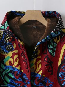 Mulvari Plus Geo Print Teddy Lined Hooded Coat Fall Winter Cloth For Women Autumn - Multicolor - View 5