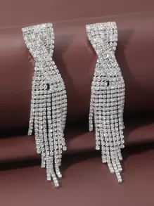 Rhinestone Tassel Drop Earrings - Silver - View 5