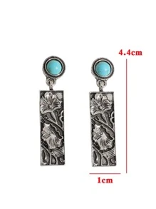 Turquoise Decor Flower Drop Earrings - Antique Silver - View 3