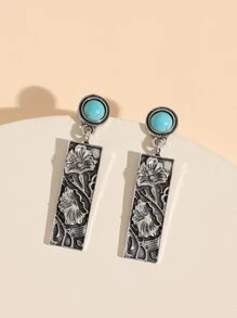 Turquoise Decor Flower Drop Earrings - Antique Silver - View 4