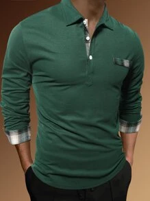 Manfinity Homme Áo thun có cổ Nam Nút phía trước Sọc ca rô Giải trí - Màu xanh lá cây đậm - Xem 1