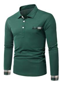 Manfinity Homme Áo thun có cổ Nam Nút phía trước Sọc ca rô Giải trí - Màu xanh lá cây đậm - Xem 4