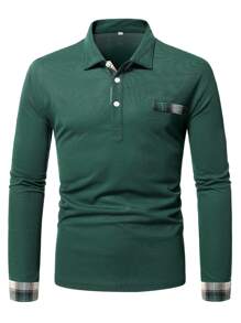 Manfinity Homme Áo thun có cổ Nam Nút phía trước Sọc ca rô Giải trí - Màu xanh lá cây đậm - Xem 6