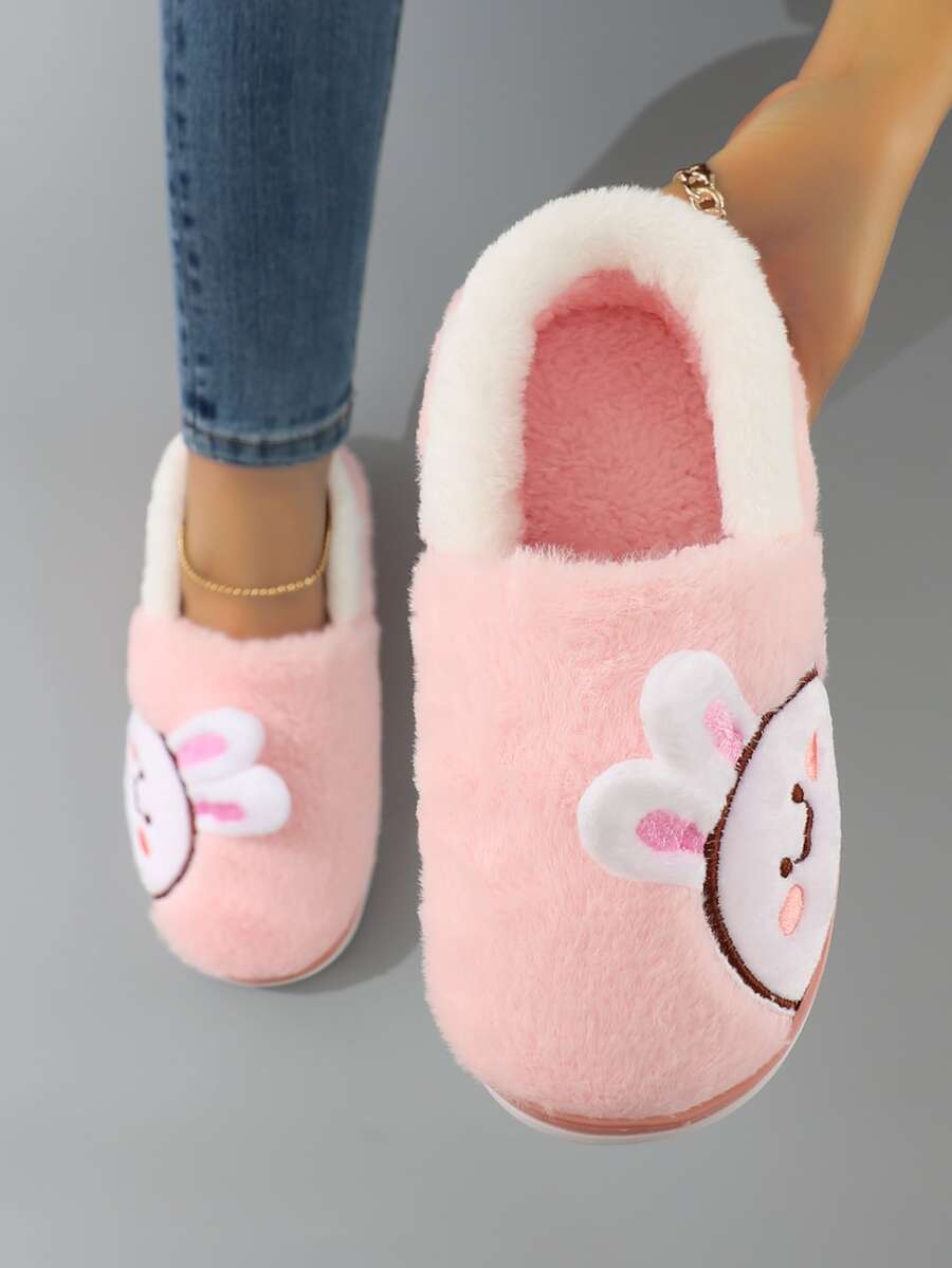 Cartoon Rabbit Detail Fluffy Novelty Slippers - Baby Pink - View 1