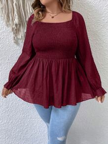 SHEIN Franclia 大碼上身打攬荷葉袖荷葉邊下擺襯衫 - 酒紅色 - 查看 1