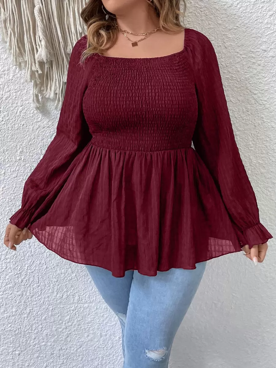 SHEIN Franclia 大碼上身打攬荷葉袖荷葉邊下擺襯衫 - 酒紅色 - 查看 1