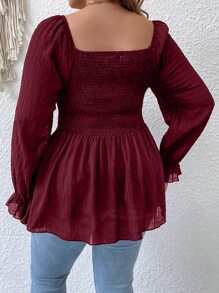 SHEIN Franclia 大碼上身打攬荷葉袖荷葉邊下擺襯衫 - 酒紅色 - 查看 2