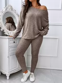 Calvaya Plus Drop Shoulder Tee & Leggings - Mocha Brown - View 1