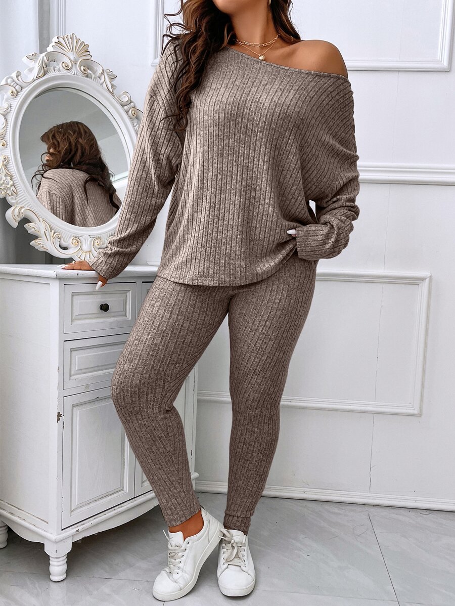 Calvaya Plus Drop Shoulder Tee & Leggings - Mocha Brown - View 1