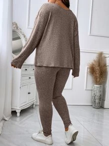 Calvaya Plus Drop Shoulder Tee & Leggings - Mocha Brown - View 2