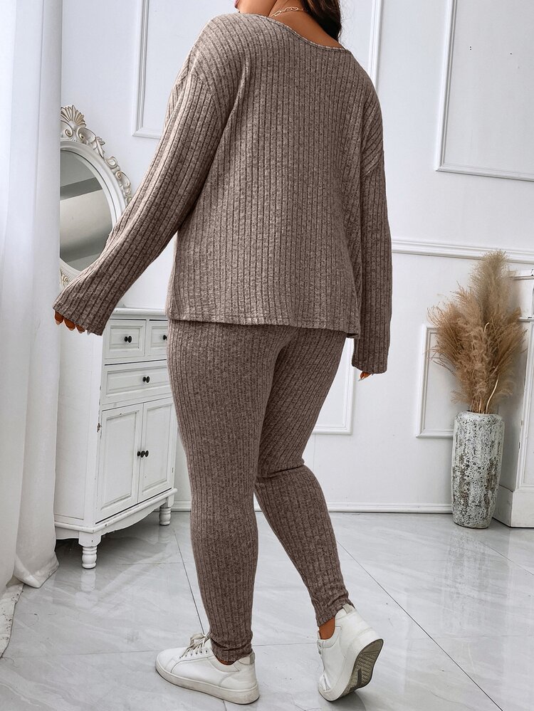 Calvaya Plus Drop Shoulder Tee & Leggings - Mocha Brown - View 2