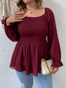 SHEIN Franclia 大碼上身打攬荷葉袖荷葉邊下擺襯衫 - 酒紅色 - 查看 5